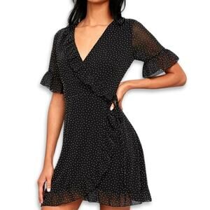 Lulus Mini Dress Polka Dot Print Short Sleeve Soft Ruffle Black/White W S NWOT